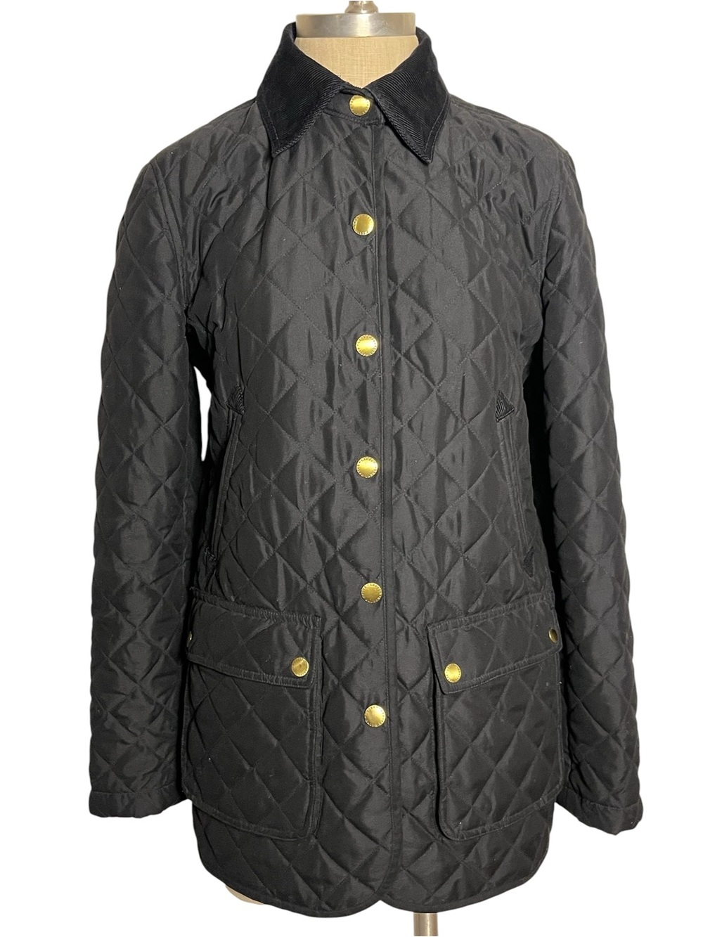 Ralph Lauren Black Quilted Barn Jacket Corduroy Collar Gold Buttons Small - Picture 2 of 13